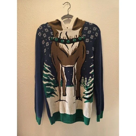 Ugly Christmas Sweater Deer Hooded Antler Mens Large Black Long Sleeve - Picture 5 of 9